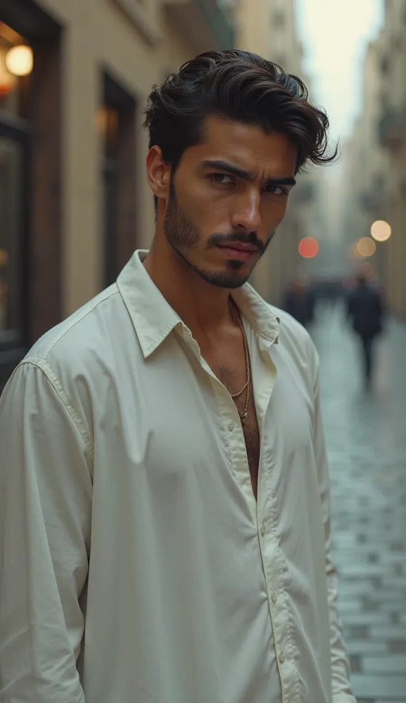  young 25 yo moroccan man wearing nice cloths smoking and facing the camera he is not happy and he is wearing a chemise and he is in 2025