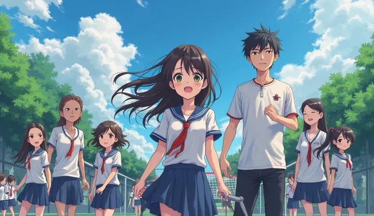 A group of students are excited about going to a sports event at a school in Japan. One age girl is very beautiful and sexy as a student wearing a school uniform, the other is a very handsome, tall and handsome man, the other is a cute looking girl, the sa...