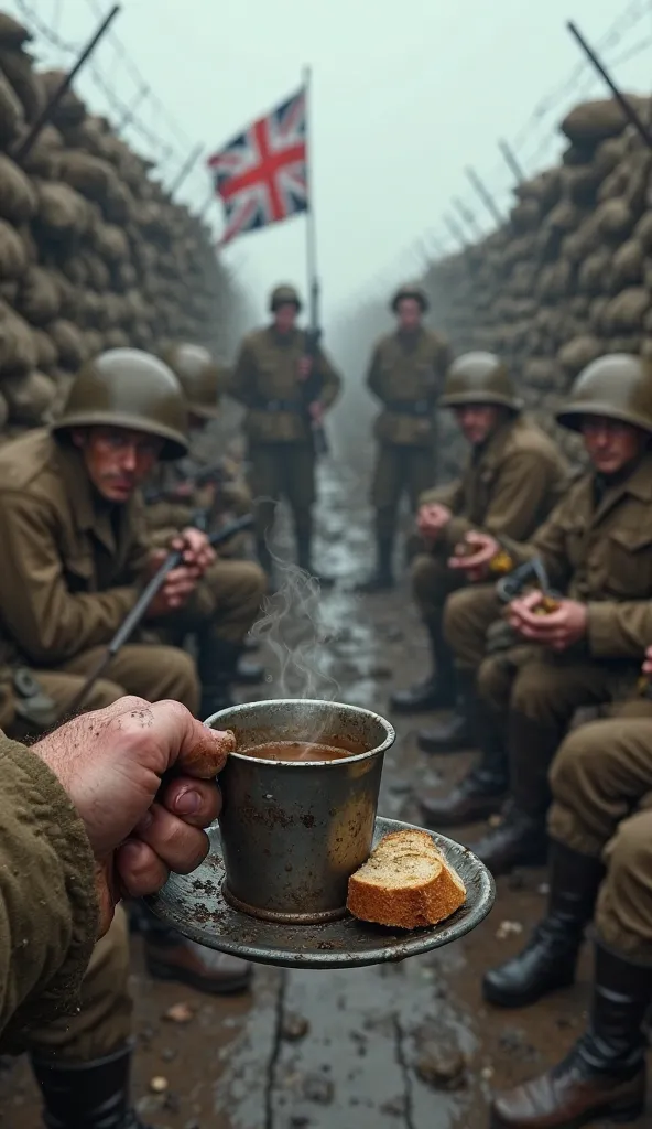 A hyper-realistic scene captured from the **POV (point of view)** of a British soldier in the trenches during World War I. His hands, covered in mud and worn from the cold, hold a metal cup of steaming coffee and a rough piece of bread. Around him, exhaust...