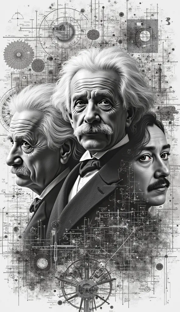 A black and white collage of famous figures like Einstein, Tesla, Leonardo da Vinci , surrounded by sketches, formulas and ideas. The image should exude an impression of genius and intense thought.
