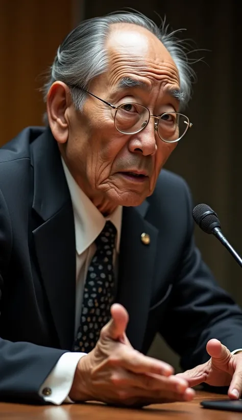 Create an image of an 80-year-old Japanese man, with his face full of expressions and deep marks of aging.  He is seated at a table ,  speaking into a microphone . The man is wearing a formal black suit with a white shirt and a tie with a subtle pattern. H...