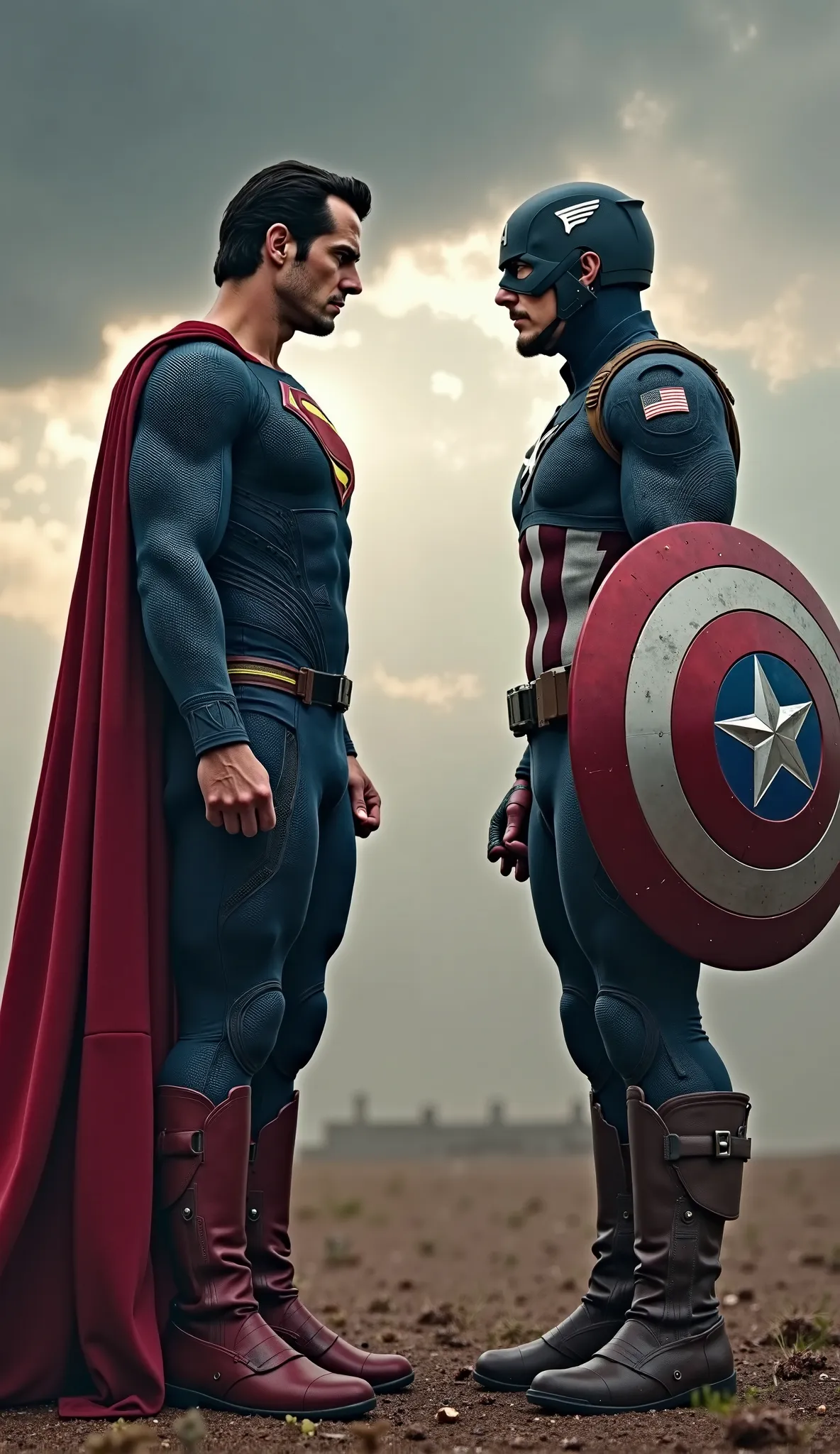 A hyper-realistic, cinematic 4K image of Superman and Captain America standing face to face in an intense standoff. The full-body shot captures every detail of their iconic appearances, from head to toe.  

**Superman:** He has a towering, muscular physiqu...