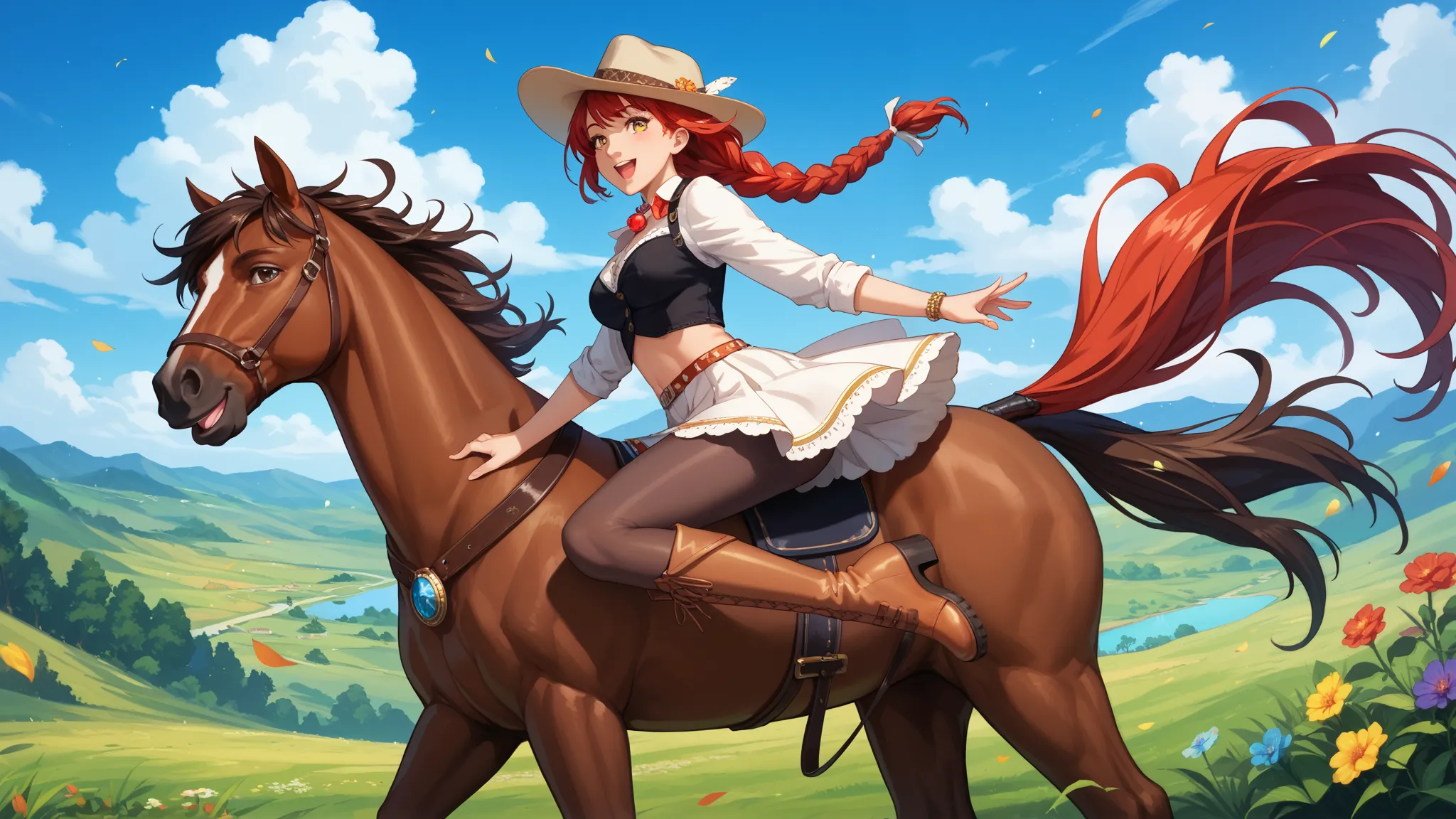 A red haired mature woman, anime style, one braid, dressed black top, brown leggins and boots, cowboy hat, Yellow eyes, meddium breasts, Happy face, ridding a horse