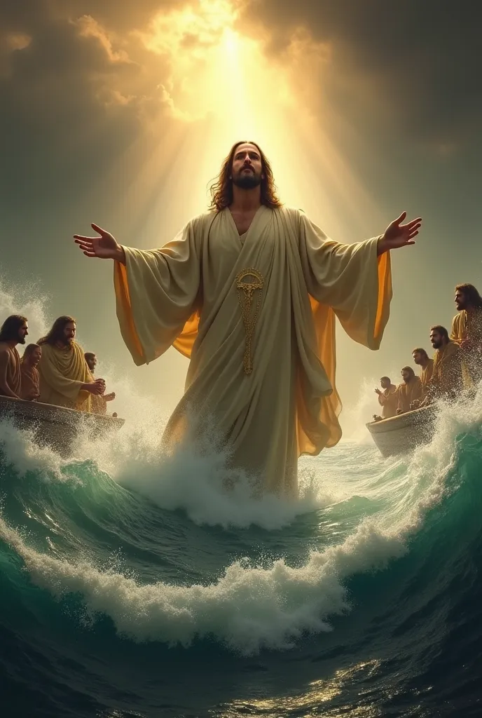 Create an image of Jesus extending his hands calming the storm at sea,