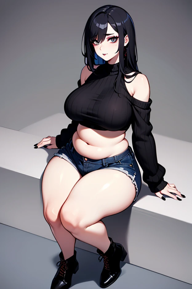 A goth woman with ADHD, she is 160cm tall, has a curvaceous figure with pale white skin, huge breasts, wide hips, plump butt, and thick thighs, a bulging and chubby belly, black eyes, black hair down to her neck, with her right eye covered by her hair, she...