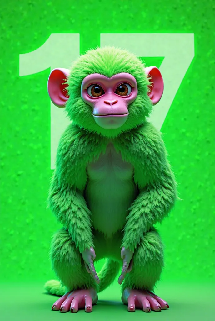 3d monkey,  neon green background, Number 17 on the top left 