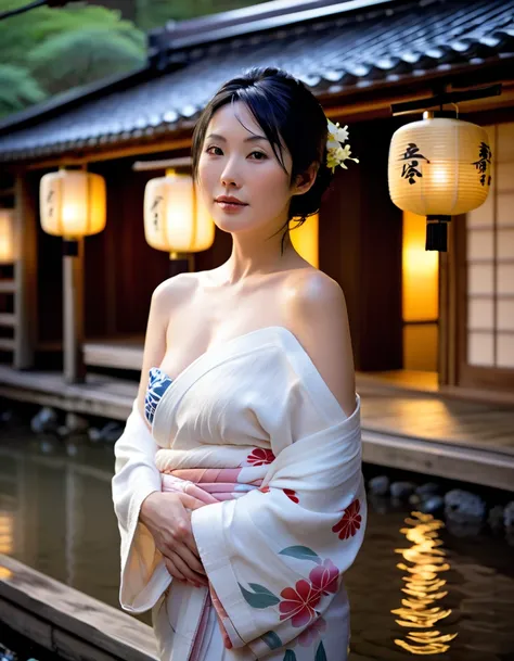 A captivating and mature Japanese woman with a sensual yet elegant aura, just after emerging from a hot spring. Her damp, slightly tousled black hair clings softly to her glowing, flushed skin. She wears a loosely draped yukata, slightly slipping off one s...