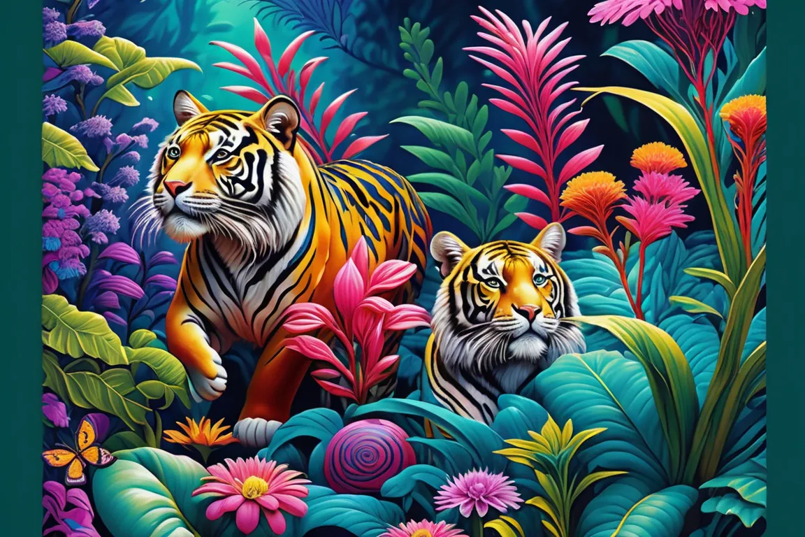 Coloured tigers，  Leaves and flowers  , bright colors very detailed,  Fantastic Vivid Colors , big colorful image,  colorful and fantastic  ,     rich and colorful  !! very detailed,  Fantastic Vivid Colors , high level of complexity and color,  fantastic ...