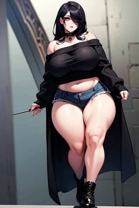 A goth woman with ADHD, she is 160cm tall, has a curvaceous figure with pale white skin, huge breasts, wide hips, plump butt, and thick thighs, a bulging and chubby belly, black eyes, black hair down to her neck, with her right eye covered by her hair, she...