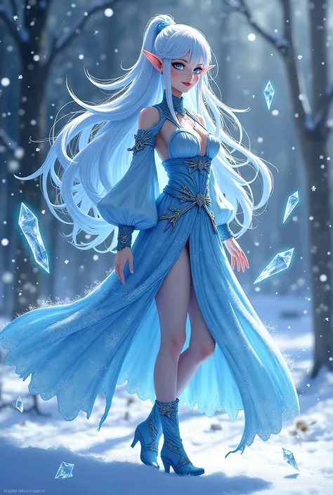 anime style character sheet of a  female elf with cold ice like features in a mage's robes, her hair is floating up and looks like bent frozen crystals. her skin is pale and gives off winter vibes. her robes are adorned with spider web patterns. her boots ...