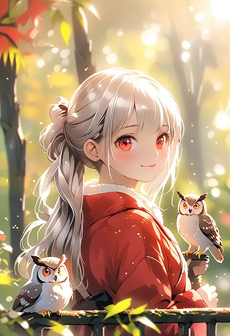  Beautiful girl with long silver hair,  twin tail hairstyle、smile、red coat,  An owl is watching、