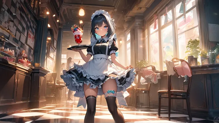 illustration, best quality, dramatic lighting,aiu,r17329_illu,usnr,masterpiece, best quality, 8k, highres, ultra-detailed,HDR, UHD, illustration, best quality, ,1girl, cute maid outfit, frilly dress, apron, thigh-high socks, ribbons, holding drink, soda ca...