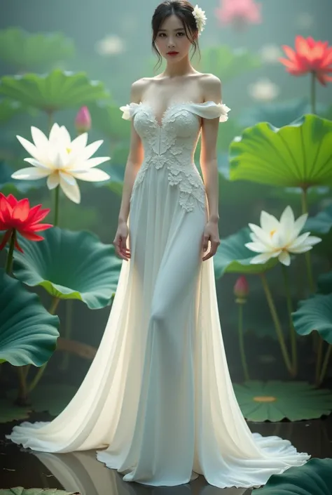 a woman in an elegant, flowing white gown adorned with floral designs. She is standing in a serene environment surrounded by large lotus flowers in various colors, including white and red, along with broad green leaves. The setting resembles a tranquil gar...