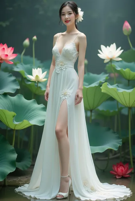 a woman in an elegant, flowing white gown adorned with floral designs. She is standing in a serene environment surrounded by large lotus flowers in various colors, including white and red, along with broad green leaves. The setting resembles a tranquil gar...