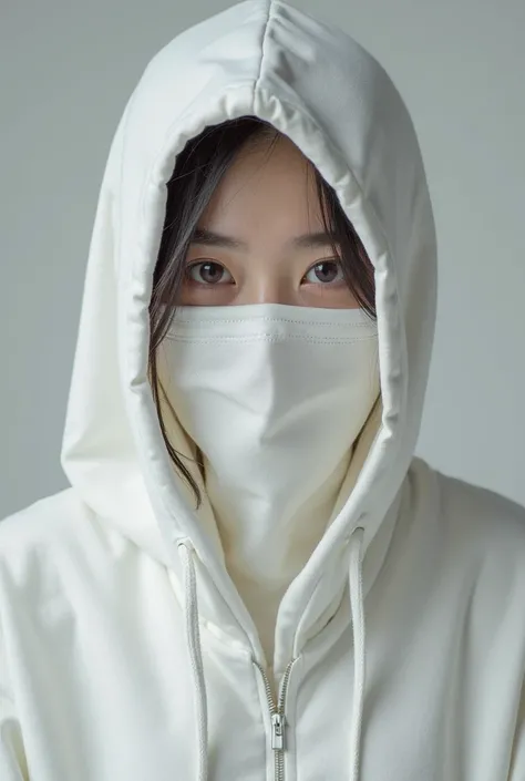 arafed woman wearing a white mask covering her face, face covered, with a covered face, hijab, covered face, white hijab, girl wearing hoodie, wearing hood, wearing a hood, balaclava covering face, korean girl, korean woman, ulzzang, wearing hoodie, chilly...