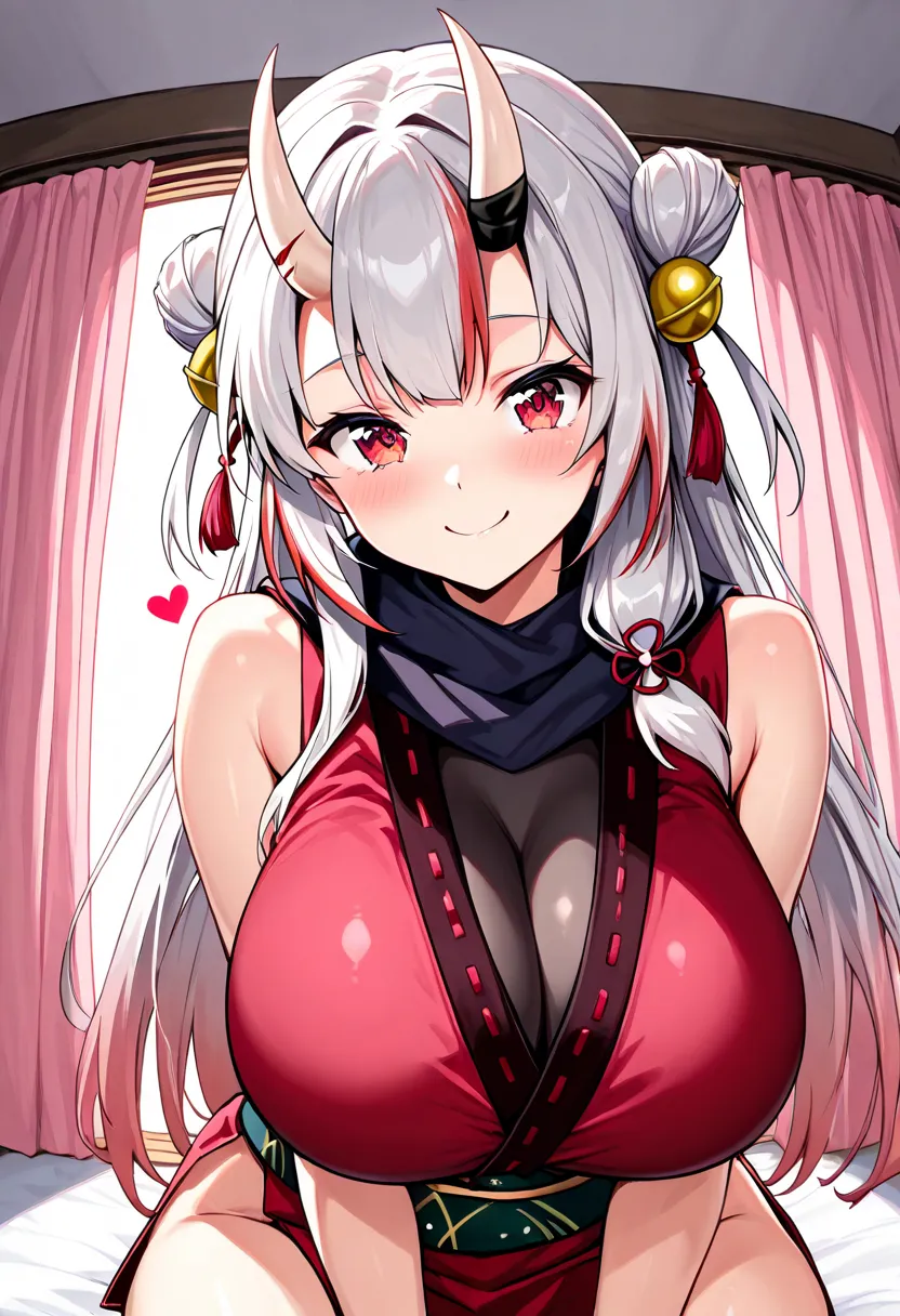 (Highest quality , 8k , masterpiece , incredibly absurdres , perfect body , super detailed skin , highly detailed eyes and face , 1 woman ) ,  nakiri ayame , Silver Hair , red eyes , demon horn , smile ,  will be happy , ( ninja , sleeveless, Heart, japane...