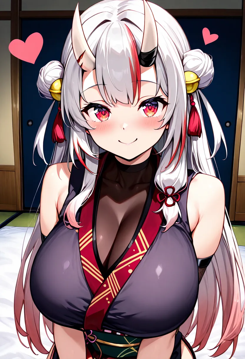 (Highest quality , 8k , masterpiece , incredibly absurdres , perfect body , super detailed skin , highly detailed eyes and face , 1 woman ) ,  nakiri ayame , Silver Hair , red eyes , demon horn , smile ,  will be happy , ( ninja , sleeveless, Heart, japane...