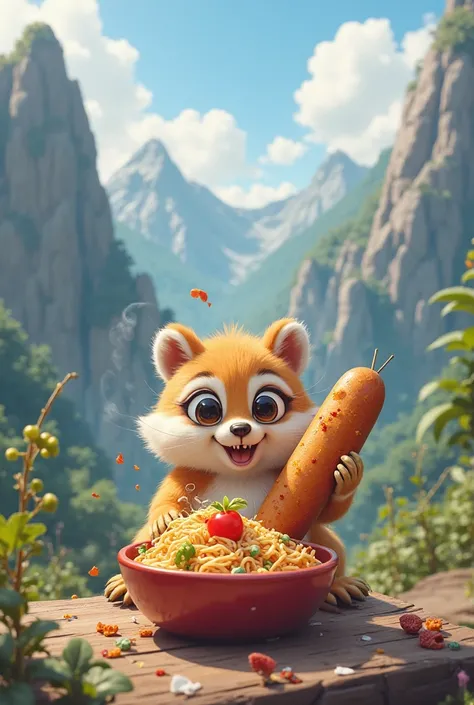 Cute animal eating Nooldes and corndog in a mountain 