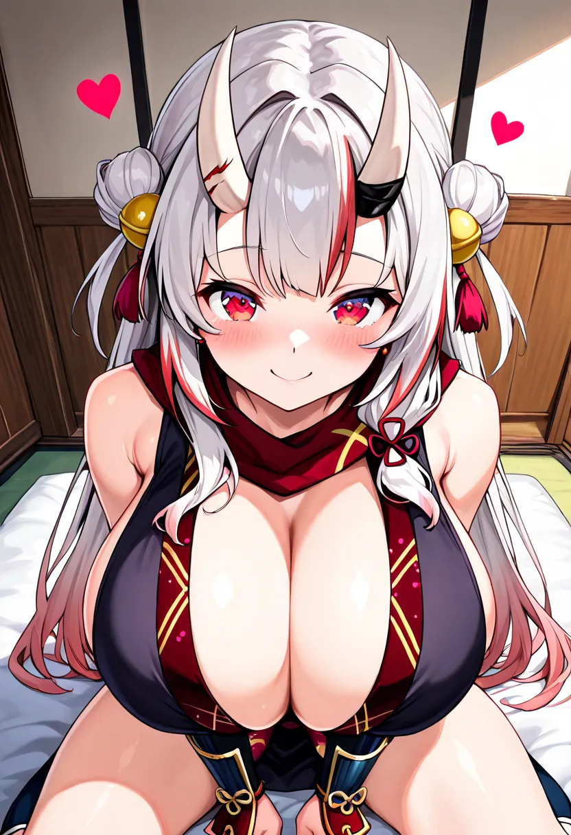 (Highest quality , 8k , masterpiece , incredibly absurdres , perfect body , super detailed skin , highly detailed eyes and face , 1 woman ) ,  nakiri ayame , Silver Hair , red eyes , demon horn , smile ,  will be happy , ( ninja , sleeveless, Heart, japane...