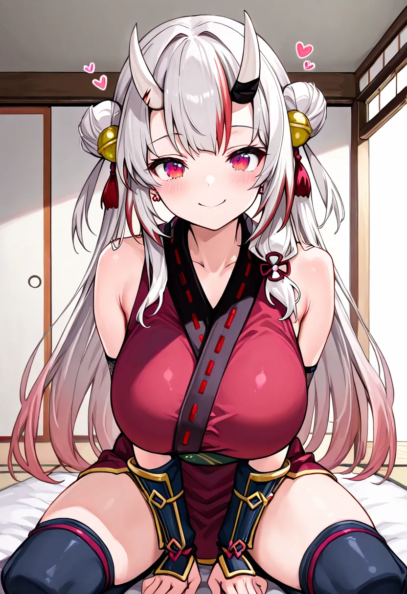 (Highest quality , 8k , masterpiece , incredibly absurdres , perfect body , super detailed skin , highly detailed eyes and face , 1 woman ) ,  nakiri ayame , Silver Hair , red eyes , demon horn , smile ,  will be happy , ( ninja , sleeveless, Heart, japane...