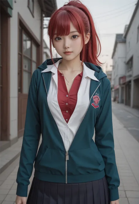  Japanese、 girls on the left、 middle school student、、Young face、round face、 school uniform、Let your bangs down、 red hair 、Multi-colored hair、ponytail、 small tits、 white buttoned shirt、Open the second button of your shirt、 slim figure、 black zip up hoodie、 ...