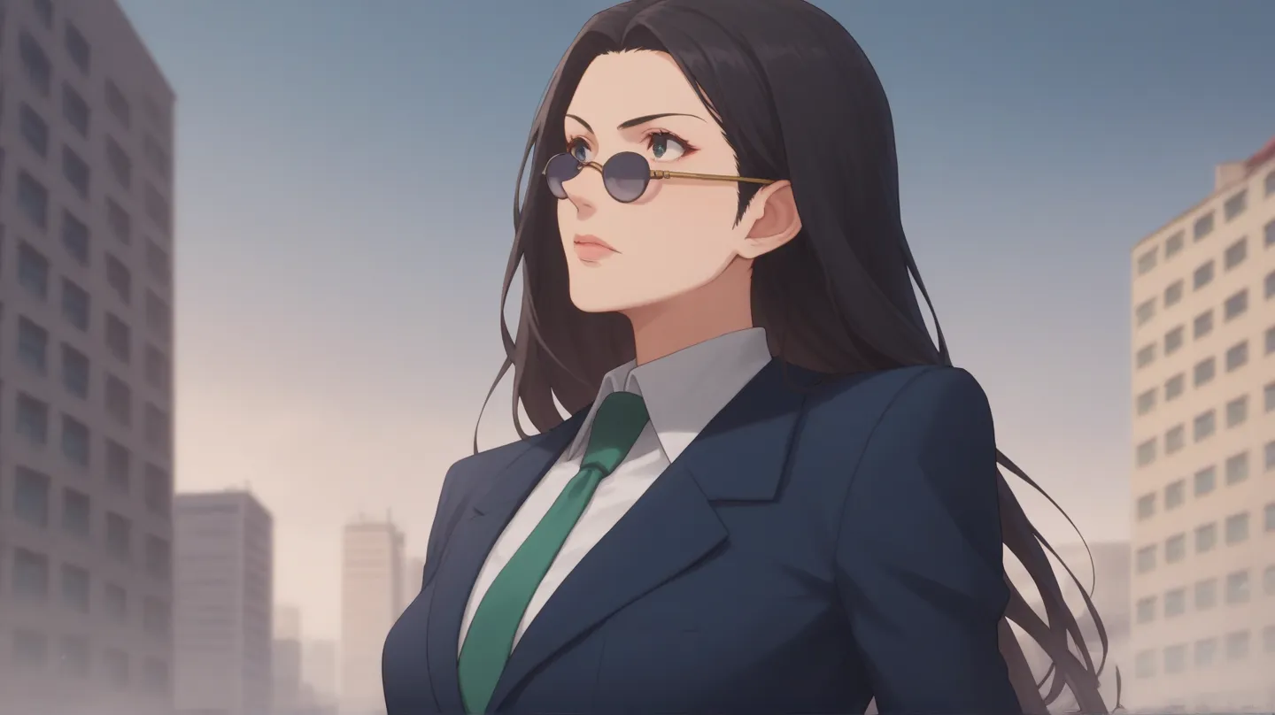 score_9, score_8_up, score_7_up, source_anime,anime color, Female version Leorio, female focus, medium breast, 1girl, solo,sunglasses, black hair, long hair, suit, green tie, front shot, upper body, city background
