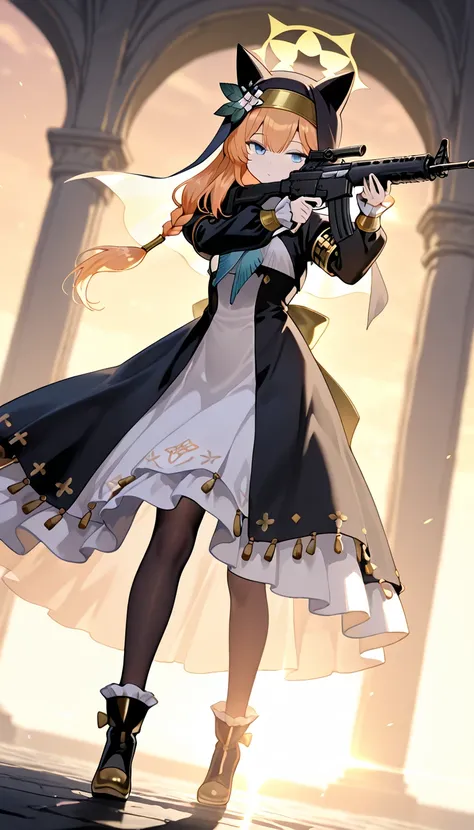 pale skin, blue archive, iochi mari, mari, yellow halo, animal ears, orange long hair, (medium dark veil), , armband, center frills, white shirt, shrug (clothing), ascot, underbust, puffy sleeves, juliet sleeves, black long skirt, frills skirt, black panty...