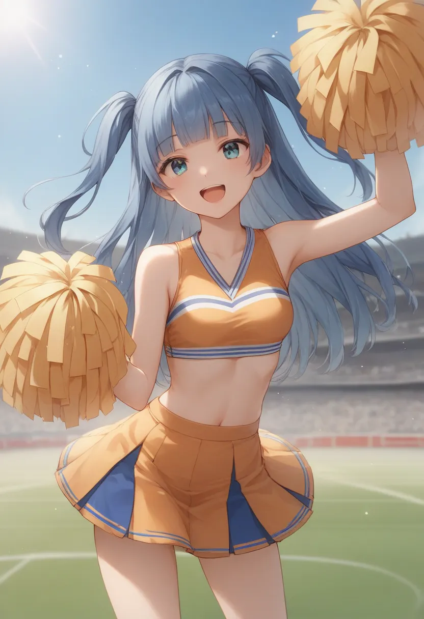 1 girl, solo, 18 years old, small breasts, slim, midnight blue hair, blunt bangs, two side up, long hair, straight hair, aqua eyes, tareme, cheerleader, holding large pom-poms in both hands,
BREAK,
happy, smile, open mouth, looking at viewer, cheerleading ...