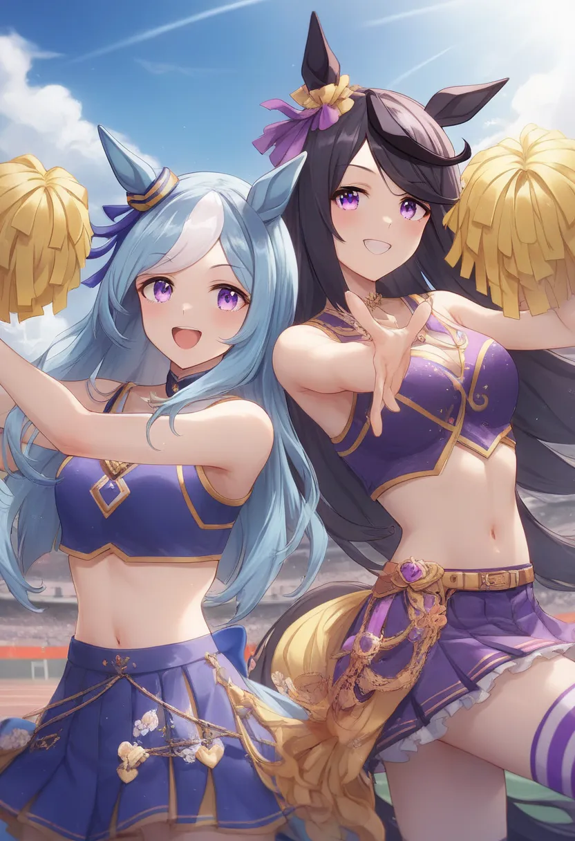 2 girls,   (((  Mejiro Dober_(UMAMUSUME),long hair,BLACK hair,purple eyes))),
(((Mejiro Ardan_(UMAMUSUME),long hair, Light blue hair,purple eyes))), pretty, (mature female:0.5), charming face, cowboy shot, intricate, (anime coloring, beautifully detailed f...