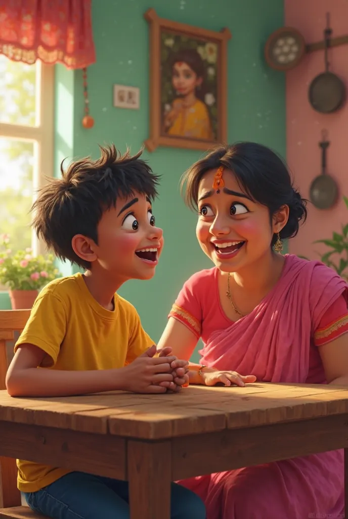 A cinematic digital painting of a young Indian boy named Chiku, around , sitting at a wooden dining table with his mother. Chiku has short, messy hair, wearing a bright yellow t-shirt, smiling while singing. His mother, a young Indian woman in a simple pin...