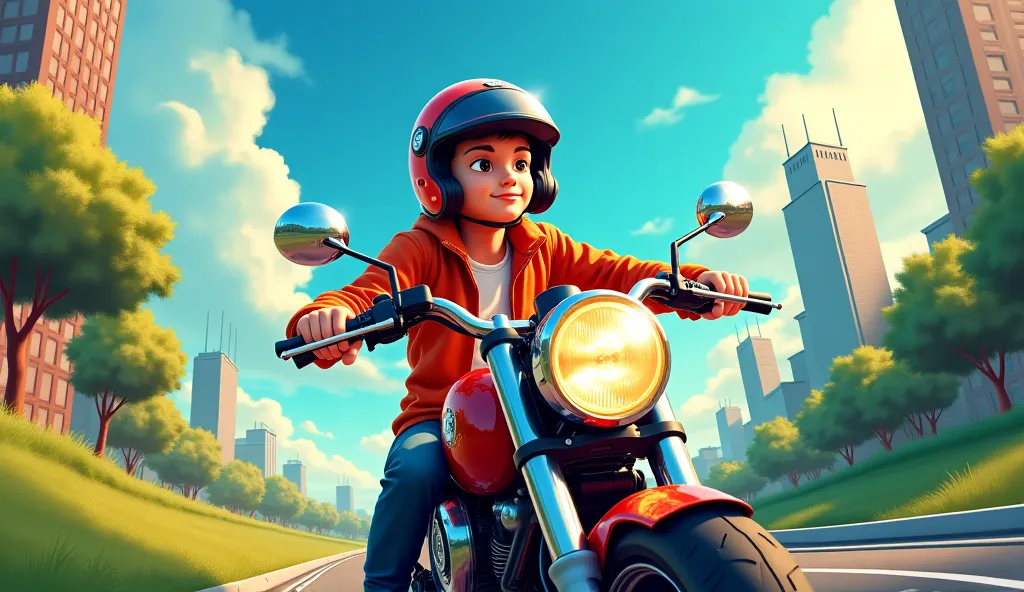 Animated photo of 30-year-old boy on motorcycle wearing clam-helmet sightseeing.