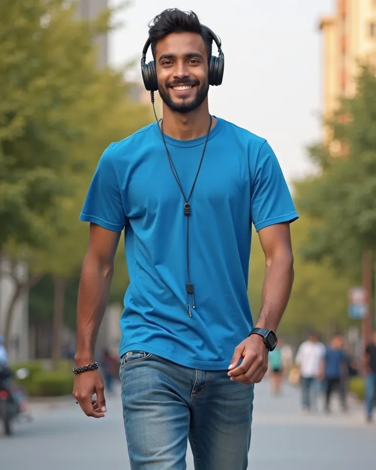 a handsome young man with a sweet smile from Indonesia wearing a bright blue t-shirt blue jeans sneakers wearing a walking bracelet Wearing headphones background park street city building morning atmosphere ultra hd 3D 4D 5D UHD realistic real picture 8k f...