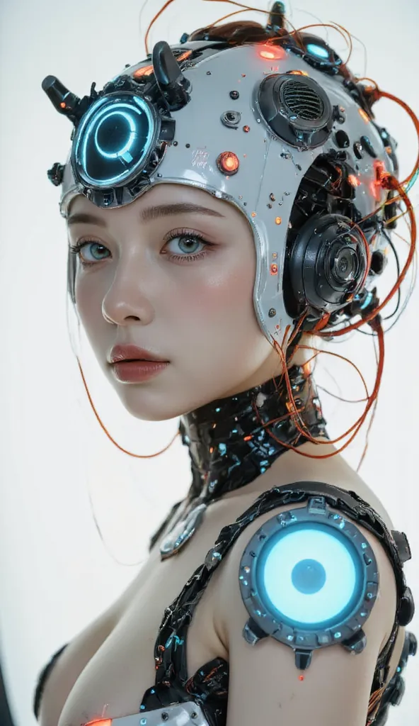 nice photo of a female cyborg, future, nice, is dazzling, attractive, flashy, upper body, Quirky, Adult face, full shot, Strong Makeup, cyborgized brains, colorful, Wonderful, robot head is smooth and glossy like ceramic, detailed, stand out, The robot's h...