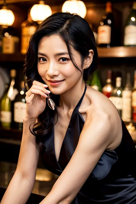 A sexy 35-year-old Japanese woman with an alluring gaze and a soft, teasing smile. Her long, wavy black hair cascades over her shoulders, with one strand gently tucked behind her ear. She wears a form-fitting black satin dress with a subtle slit, revealing...