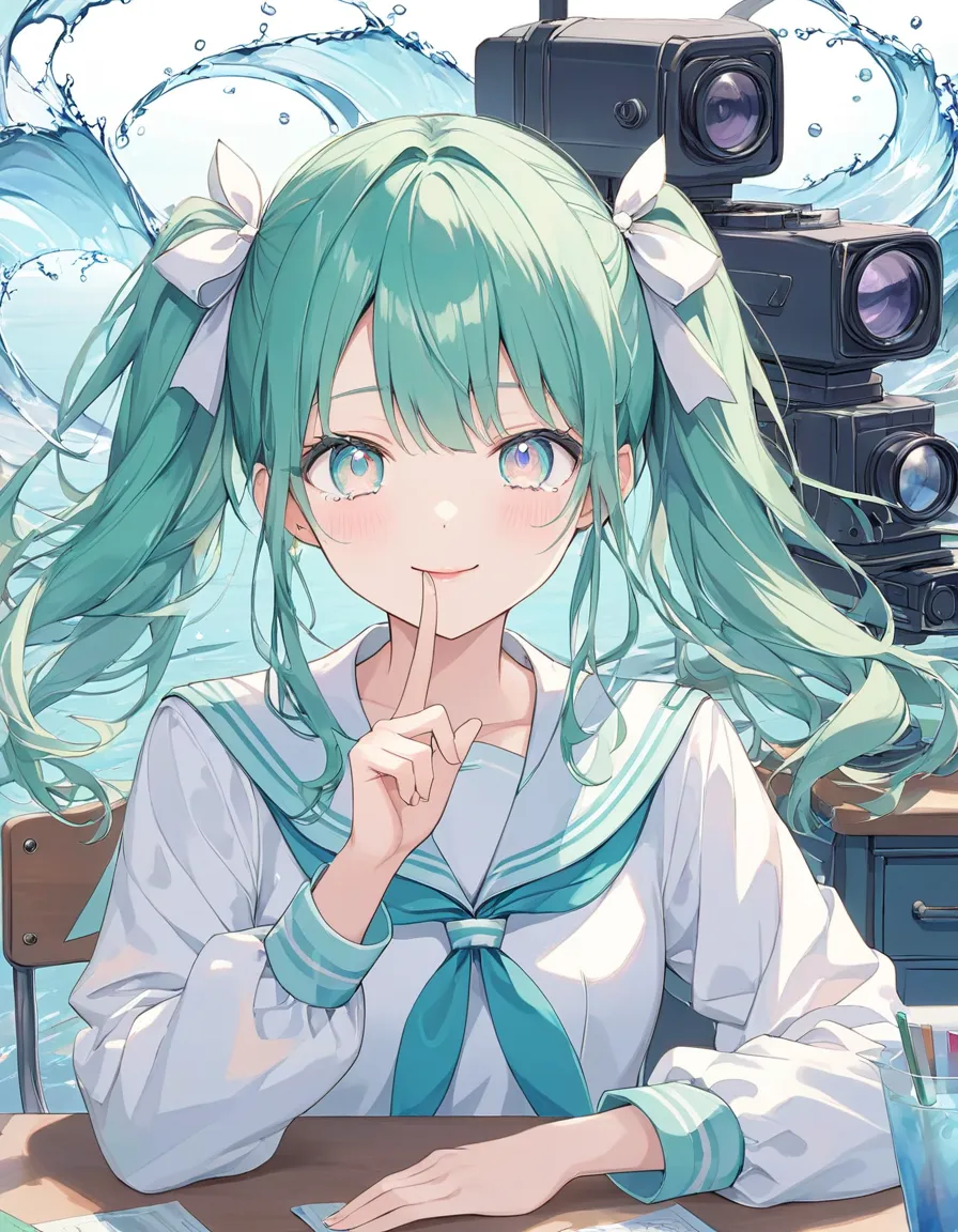 ((  pastel 、  water color style ))、   yellowとgreenのイラスト ,    ladies 1,  place index finger on lips , pistol pose , tears, happy,  upper body,  side angle sitting at a long desk ,other rooms,green,  yellow,   twin drill hair , ribbons ,   gradation eye ,(  ...