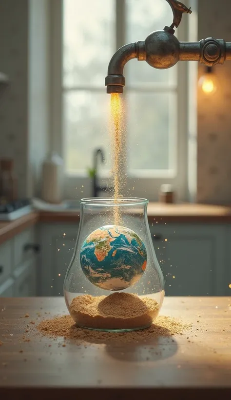 concept of a faucet pouring sand on a glass with the planet Earth inside, In the background a kitchen, Above a long light bulb shining,  light background
