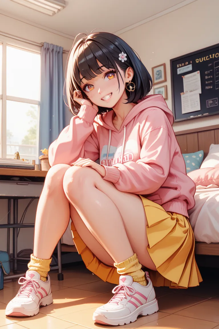 masterpiece, high quality, 4K, HDR,, A  elementary school girl, with a quiet and unassuming appearance, an anxious expression, and a refined demeanor. She has black hair, fair skin, and orange-colored eyes. She is slender and stands at 140cm tall. She is w...