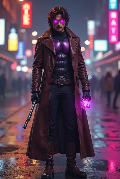 Gambit X-MEN, a charismatic and agile warrior with a comic book-inspired look, standing in a full-body view. He wears a long brown leather coat over a tight-fitting black and metallic purple uniform, highlighting his athletic build. His medium-length brown...