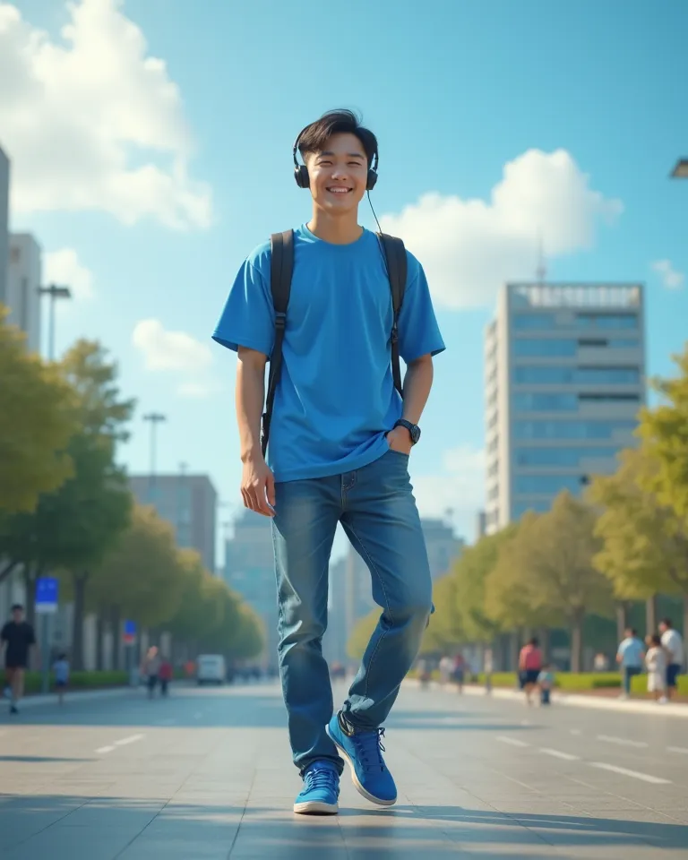 a handsome young man sweet smile from Korea wearing a bright blue t-shirt blue jeans blue sneakers wearing a walking bracelet Wearing headphones background park street city building bright morning atmosphere cool blue sky blue clouds ultra hd 3D 4D 5D UHD ...