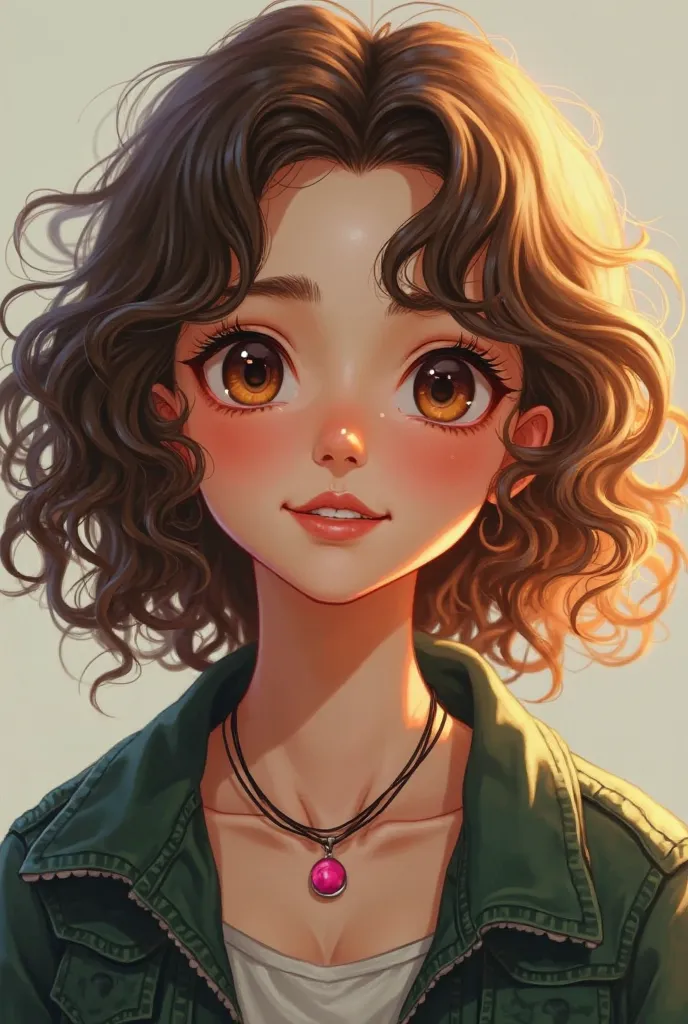 Girl
Curly brown hair, slightly acobreado alaranjada.
Eye length fringe and eyebrows.
Sobrancelhas slightly arqueadas. 
Dark brown eyes, slightly, puxados  but  grandes.

low,  with a sturdy body .
 white skin color. slightly amarelada.

 Personality , Amb...