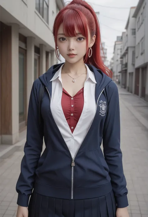  Japanese、 girls on the left、 middle school student、、Young face、round face、 school uniform、Let your bangs down、 red hair 、Multi-colored hair、ponytail、 small tits、 white buttoned shirt、Open the second button of your shirt、 slim figure、 black zip up hoodie、 ...