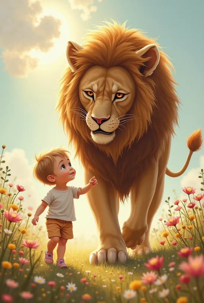 A baby walking with a lion 