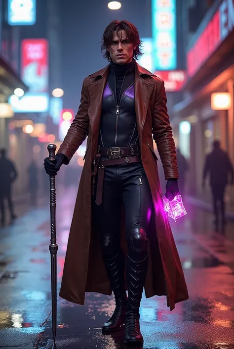 Gambit X-MEN, a charismatic and agile warrior with a comic book-inspired look, standing in a full-body view. He wears a long brown leather coat over a tight-fitting black and metallic purple uniform, highlighting his athletic build. His medium-length brown...