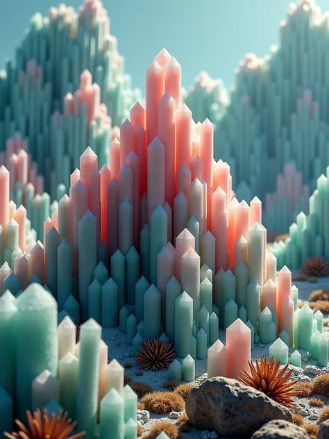 A photo of an underwater mountain range made of blue and pink crystals，In the lower right corner is a small coral reef with plants and rocks，Blue Background，Surreal，Movie Grade，Epic，Stereo lighting，Octane Rendering