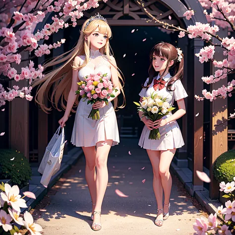 masterpiece, best quality, high quality, detailed, ultra detailed, hyper detailed, insanely detailed, exquisite, beautiful, Full-HD, 16K, highres, absurdres, flowerpunk, theatre academia, girl, graduation ceremony, looking up at cherry blossom petals, fant...