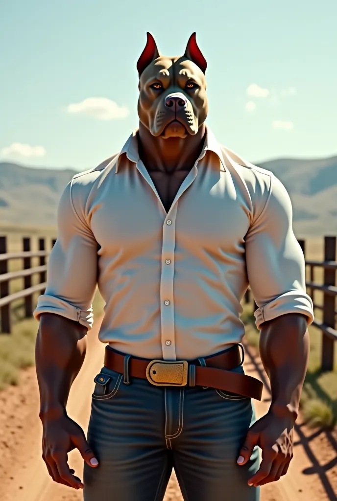 Homem Pitbull, dress shirt on a ranch, strong protector, about 25 years old. 171 m tall. 