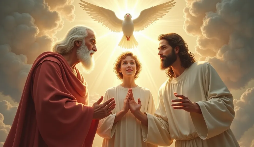 Make a representation of the Holy Trinity, God the Father in human form, Son in human form and the Holy Spirit in the form of a dove