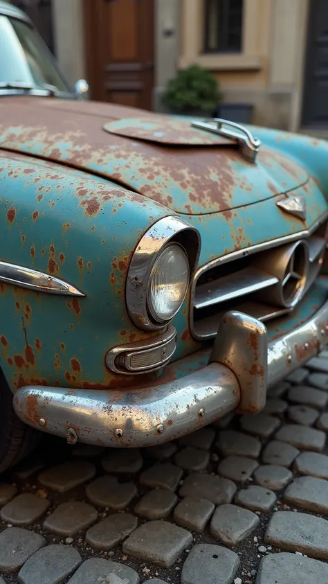 Close-up view of an old-school car’s rusty hood ornament and emblem, taken from a low angle on a cobblestone road