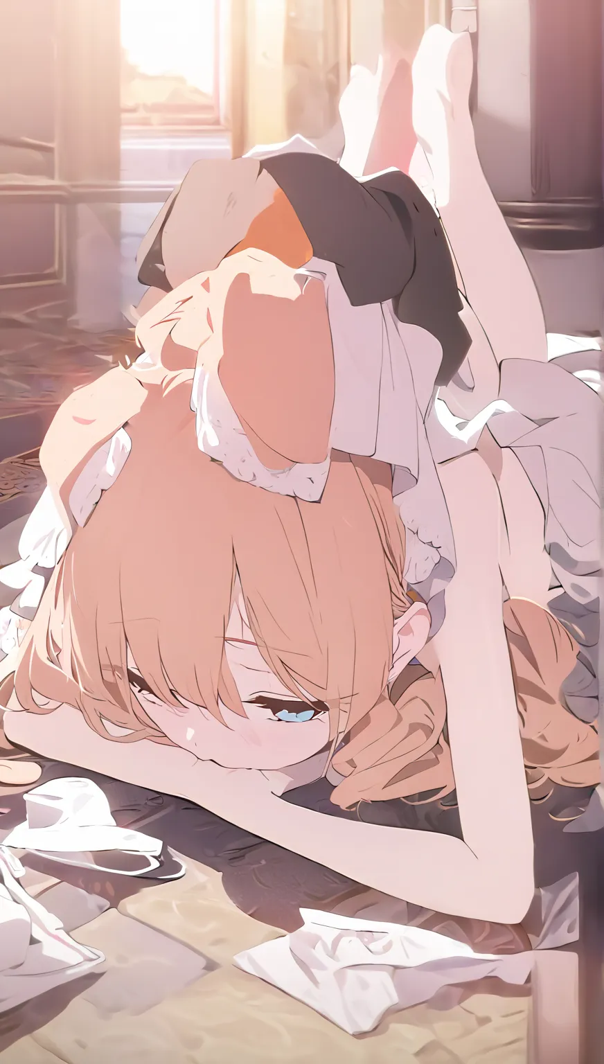 (( top quality )), ((masterpiece)), ( Details),  masterpiece,  1girl ,  sexy, Marie from the Blue Archive, , slender, dogeza, On the hallway floor of her head ,  hands on the floor,  completely naked, Folded clothes,  orange hair