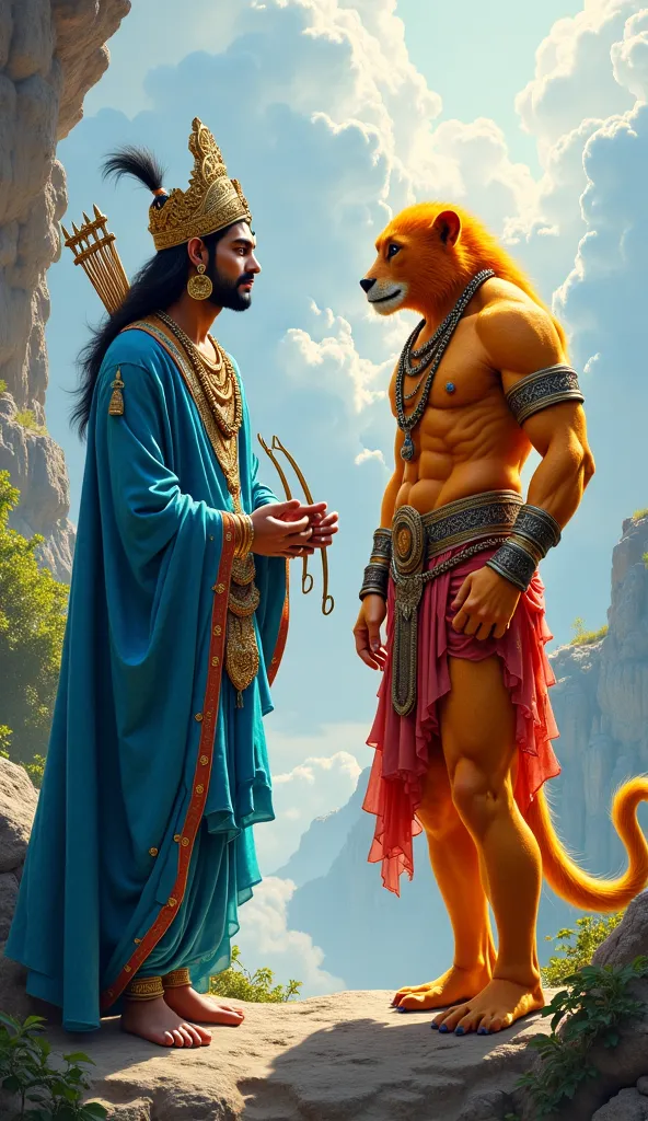 Bharat king in blue robes with beautiful face with special bows in hand and talking lord hanuman half monkey and half human who is in orange skin and tail with him 